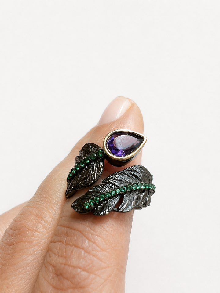 Pure 925 Silver Amethyst Leaf Ring