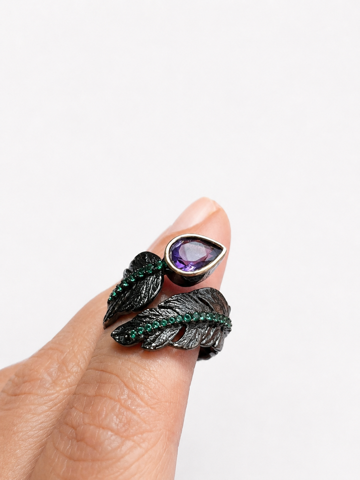 Pure 925 Silver Amethyst Leaf Ring