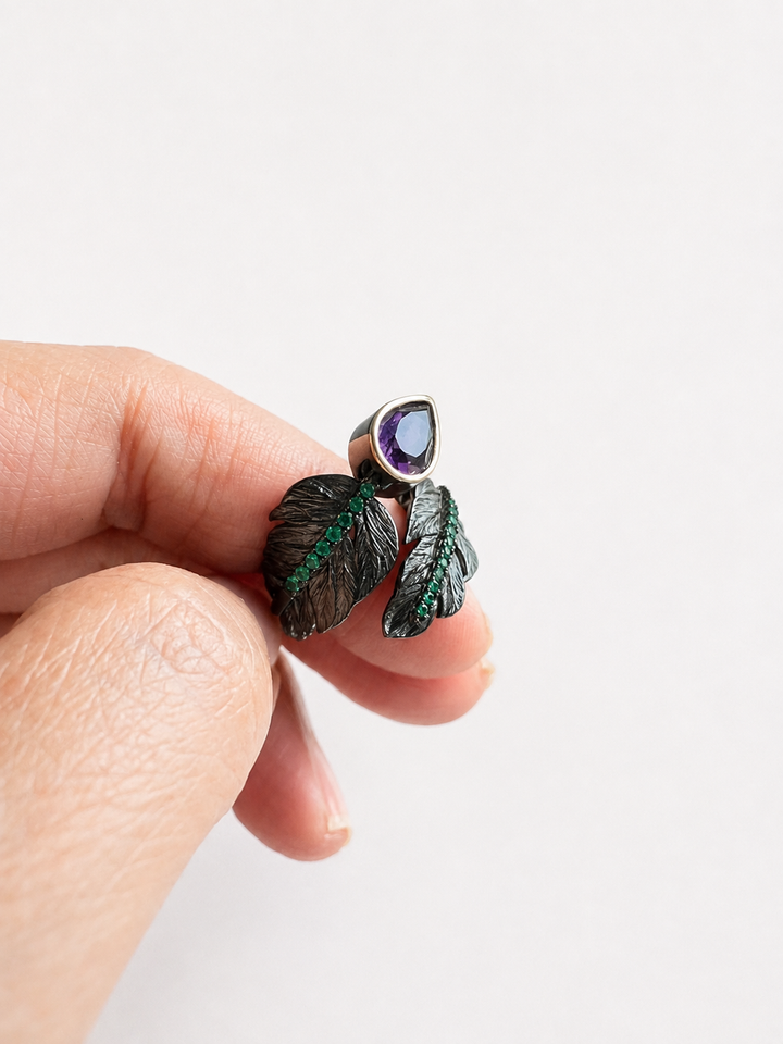 Pure 925 Silver Amethyst Leaf Ring