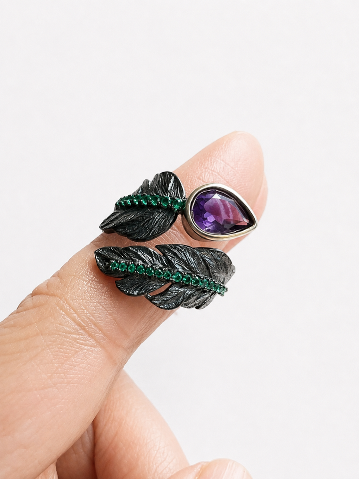 Pure 925 Silver Amethyst Leaf Ring