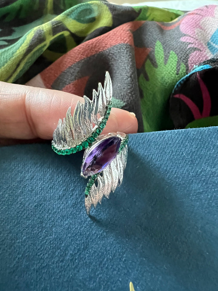 Designer Pure Silver Amethyst Ring with Wings