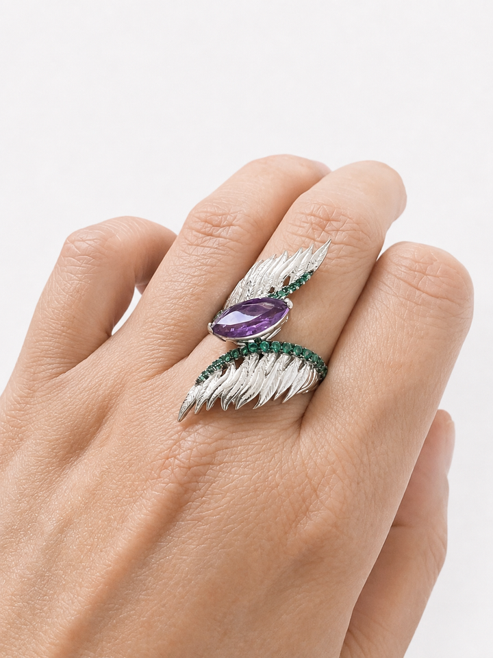 Designer Pure Silver Amethyst Ring with Wings