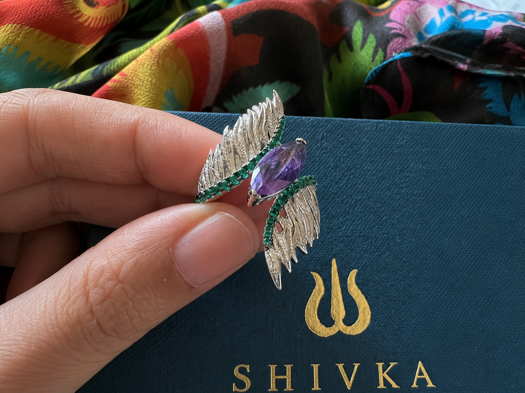 Designer Pure Silver Amethyst Ring with Wings