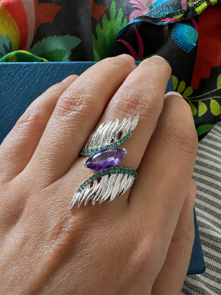 Designer Pure Silver Amethyst Ring with Wings