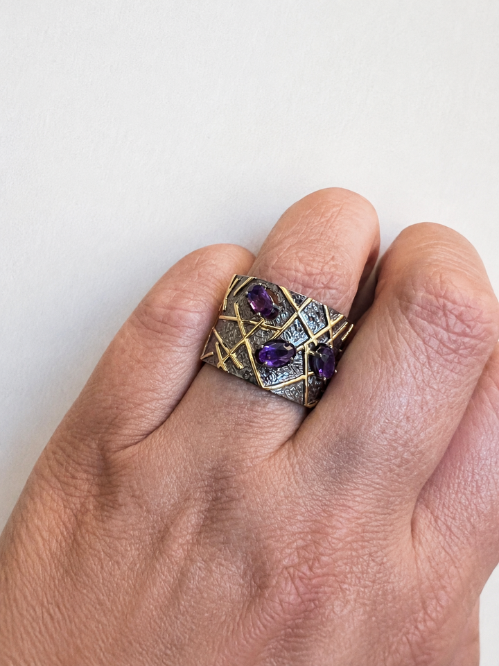 Designer Amethyst Ring, Pure 925 Silver Statement Ring