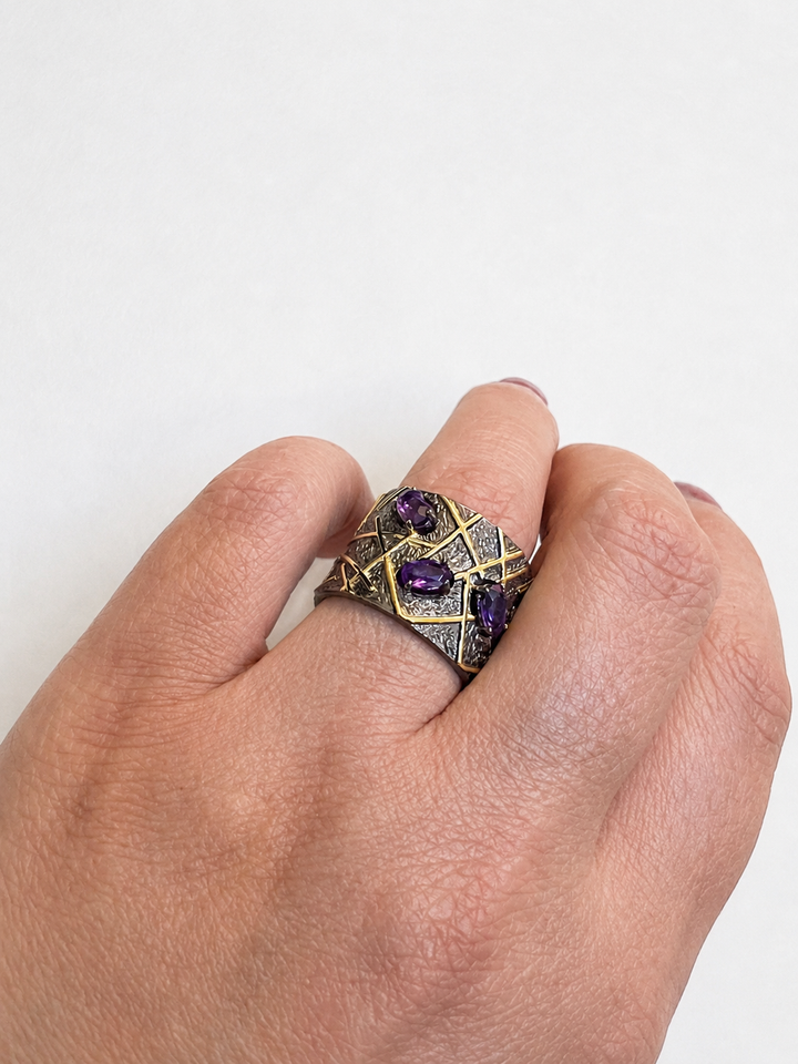 Designer Amethyst Ring, Pure 925 Silver Statement Ring