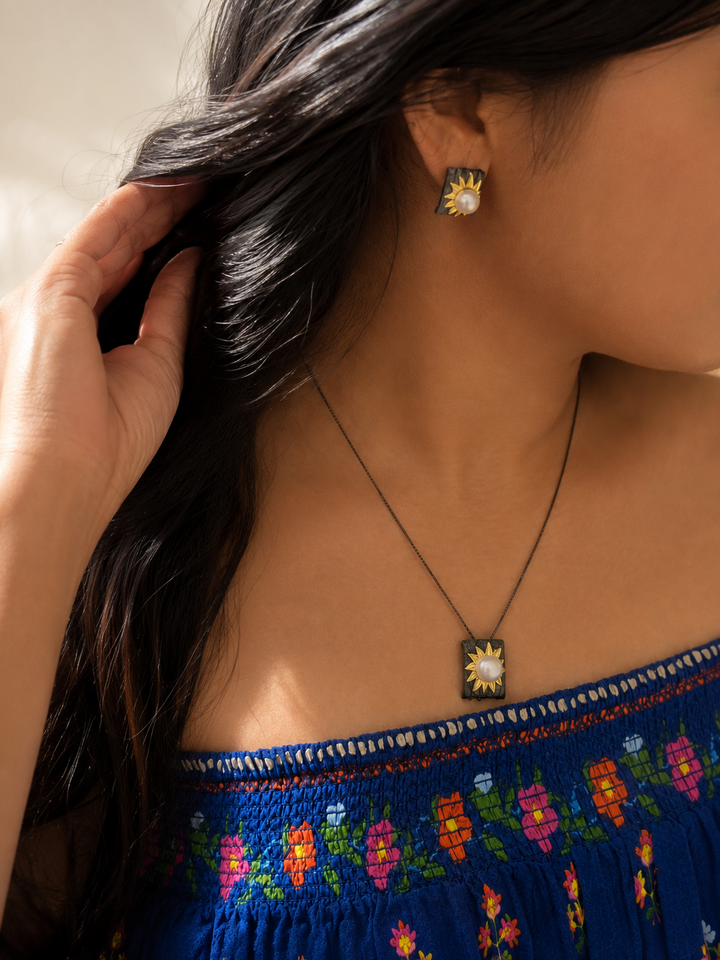 SHIVKA Pearl 925 Silver Pendant Necklace Set | Elegant Rhodium Finish
