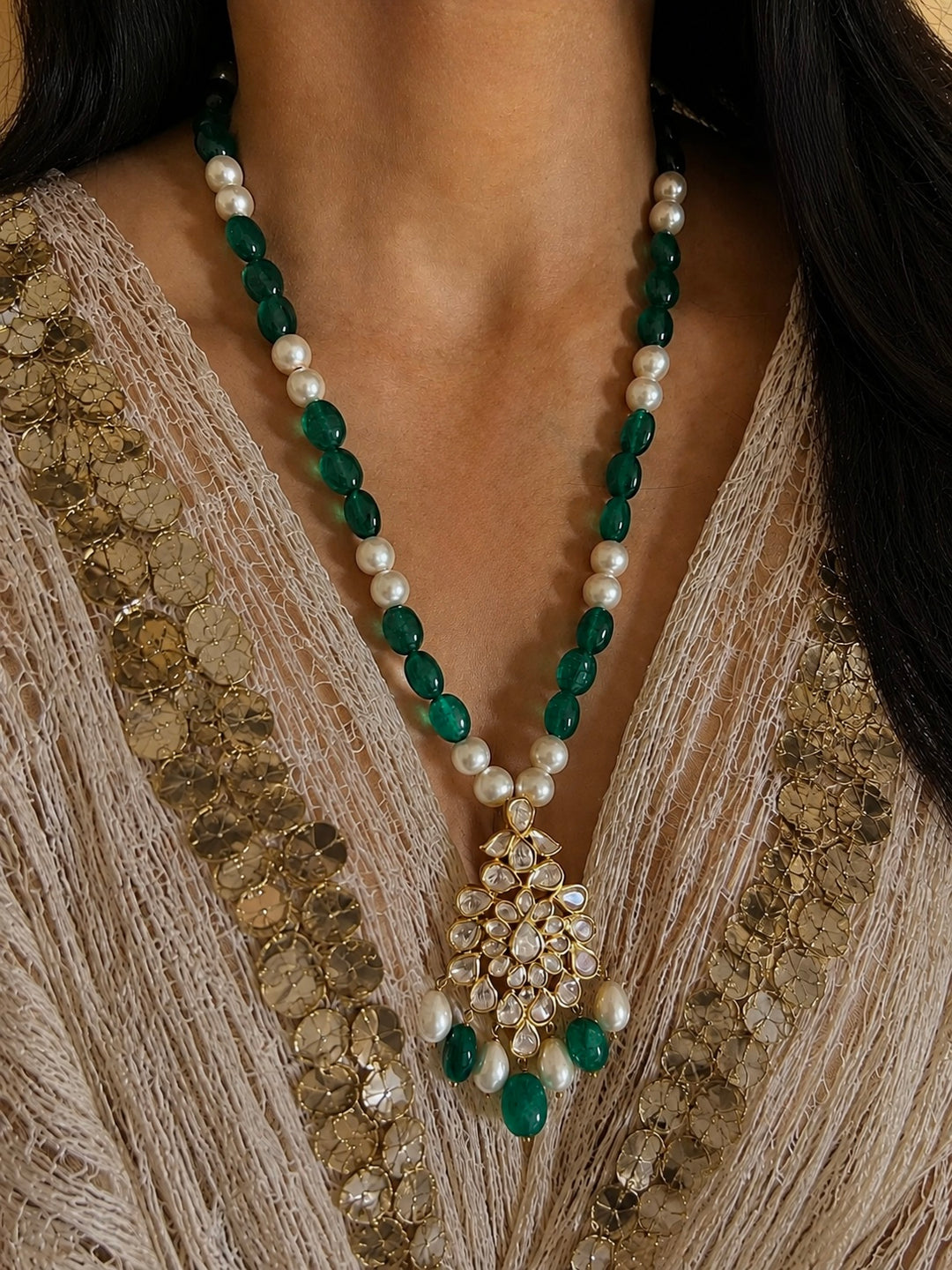 925 Silver Moissanite Polki Pendant Necklace Set, 22k Gold Plated Green Onyx & Pearl Mala