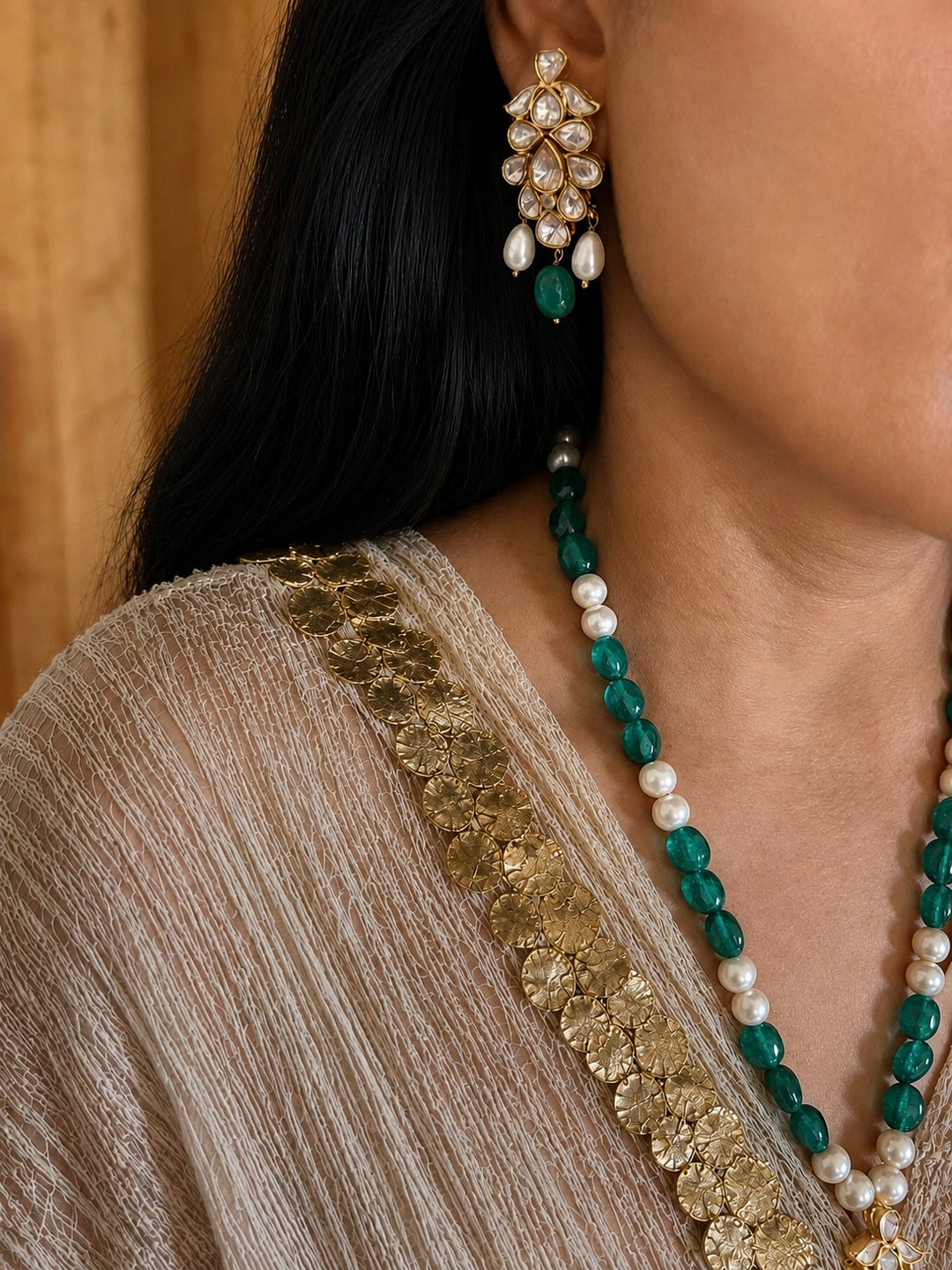 925 Silver Moissanite Polki Pendant Necklace Set, 22k Gold Plated Green Onyx & Pearl Mala