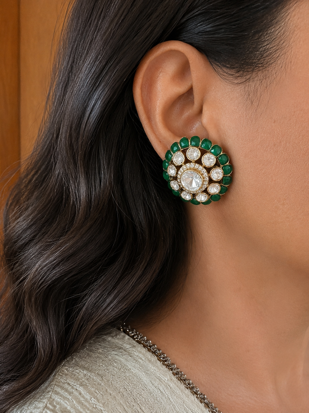 Pure 925 Sterling Silver Polki Stud Earrings, Green Floral Studs