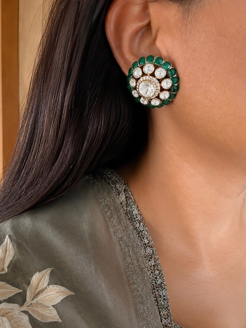 Pure 925 Sterling Silver Polki Stud Earrings, Green Floral Studs
