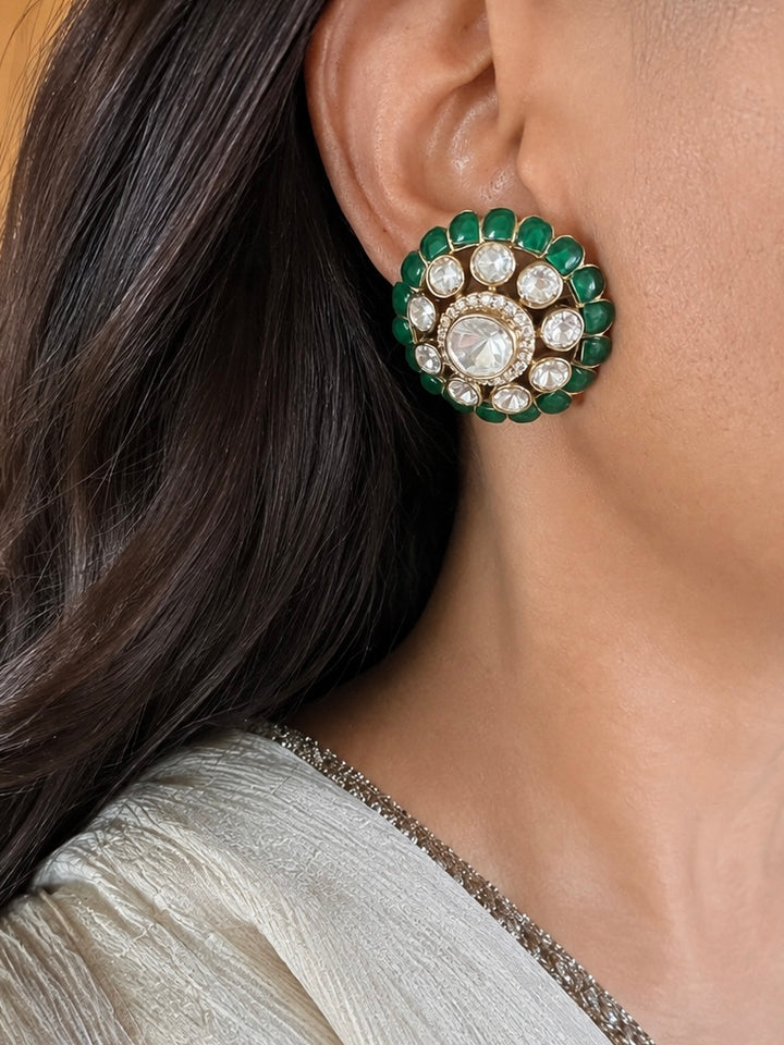 Pure 925 Sterling Silver Polki Stud Earrings, Green Floral Studs
