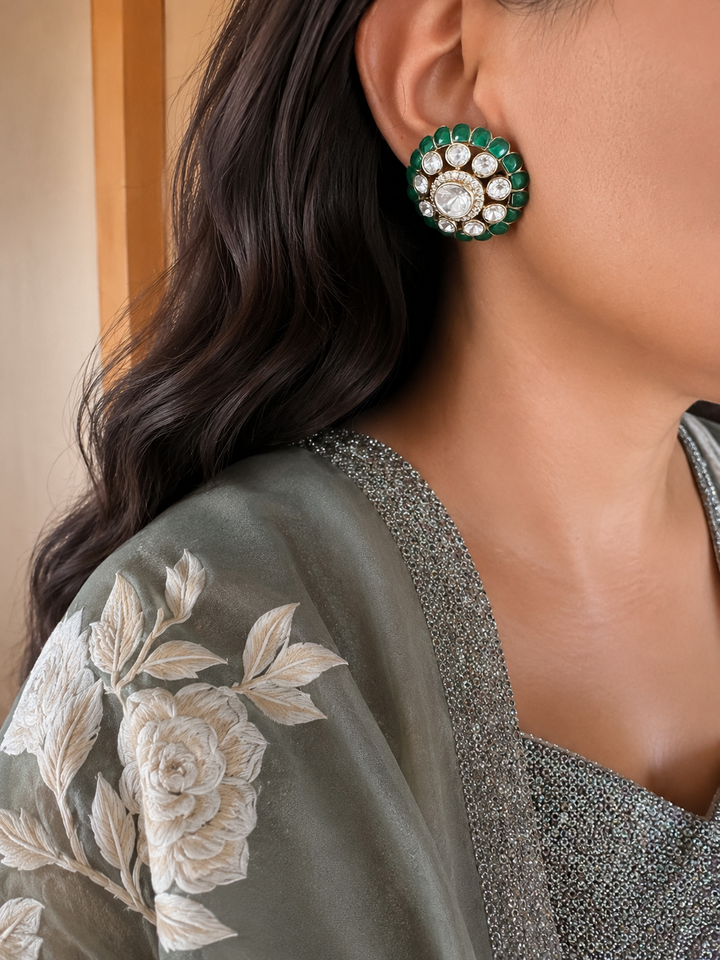 Pure 925 Sterling Silver Polki Stud Earrings, Green Floral Studs