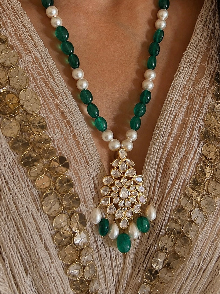 925 Silver Moissanite Polki Pendant Necklace Set, 22k Gold Plated Green Onyx & Pearl Mala
