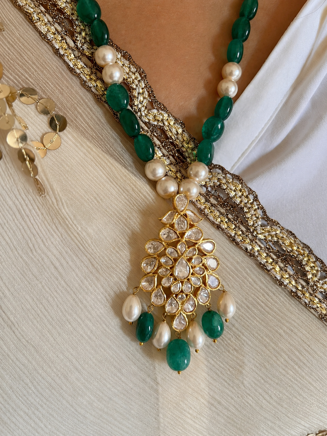 925 Silver Moissanite Polki Pendant Necklace Set, 22k Gold Plated Green Onyx & Pearl Mala