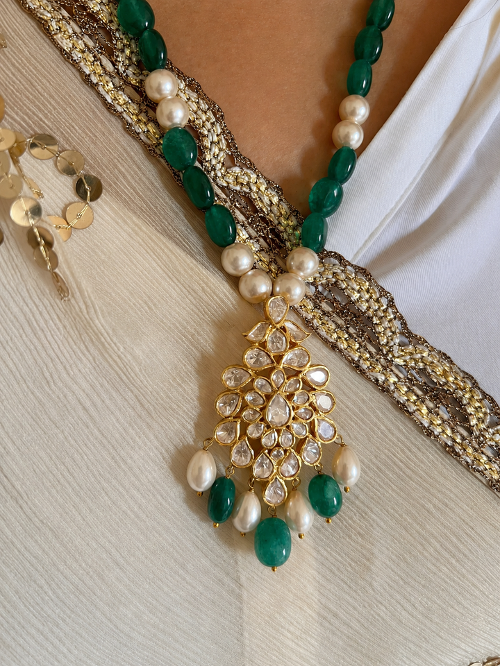 925 Silver Moissanite Polki Pendant Necklace Set, 22k Gold Plated Green Onyx & Pearl Mala