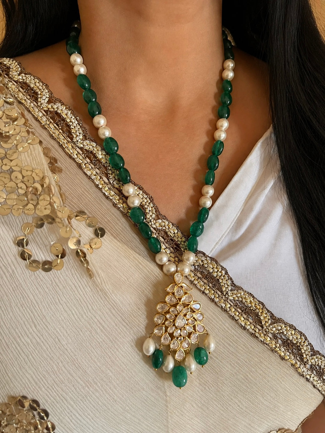 925 Silver Moissanite Polki Pendant Necklace Set, 22k Gold Plated Green Onyx & Pearl Mala