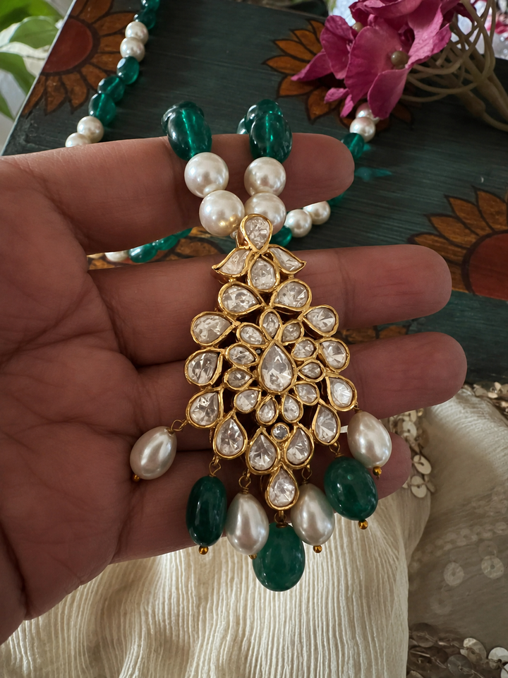 925 Silver Moissanite Polki Pendant Necklace Set, 22k Gold Plated Green Onyx & Pearl Mala
