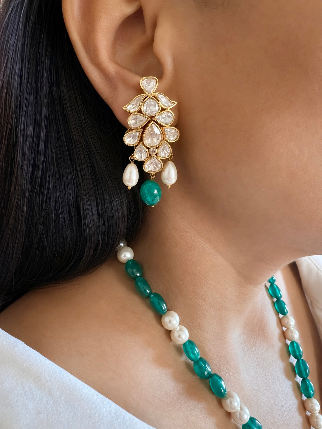 925 Silver Moissanite Polki Pendant Necklace Set, 22k Gold Plated Green Onyx & Pearl Mala