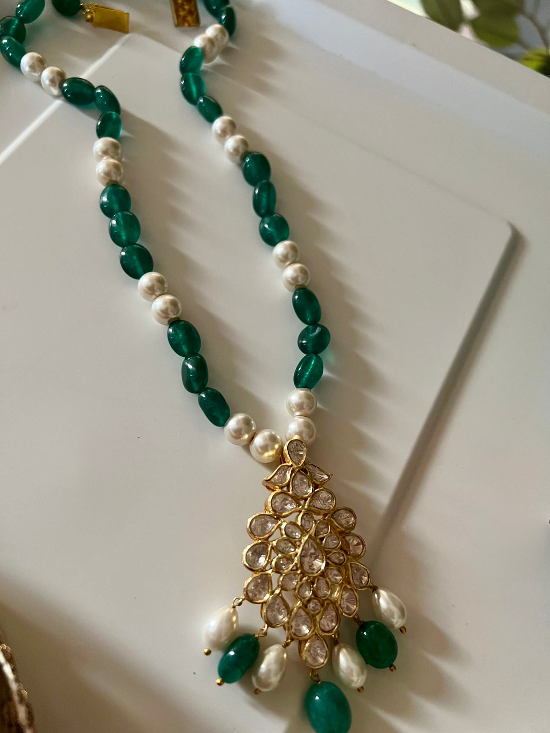 925 Silver Moissanite Polki Pendant Necklace Set, 22k Gold Plated Green Onyx & Pearl Mala
