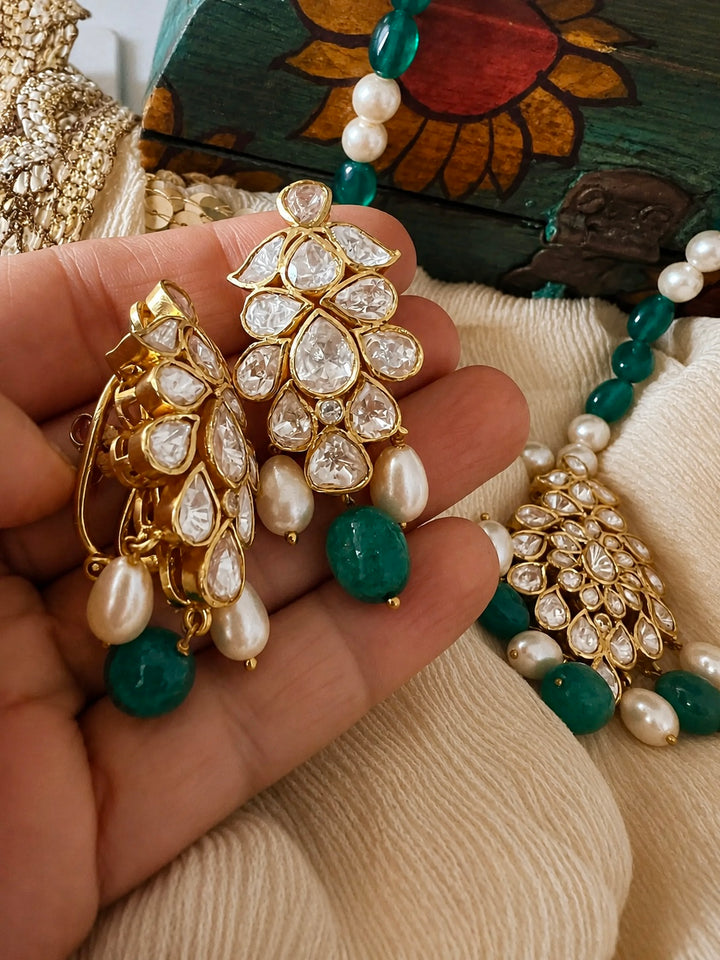925 Silver Moissanite Polki Pendant Necklace Set, 22k Gold Plated Green Onyx & Pearl Mala