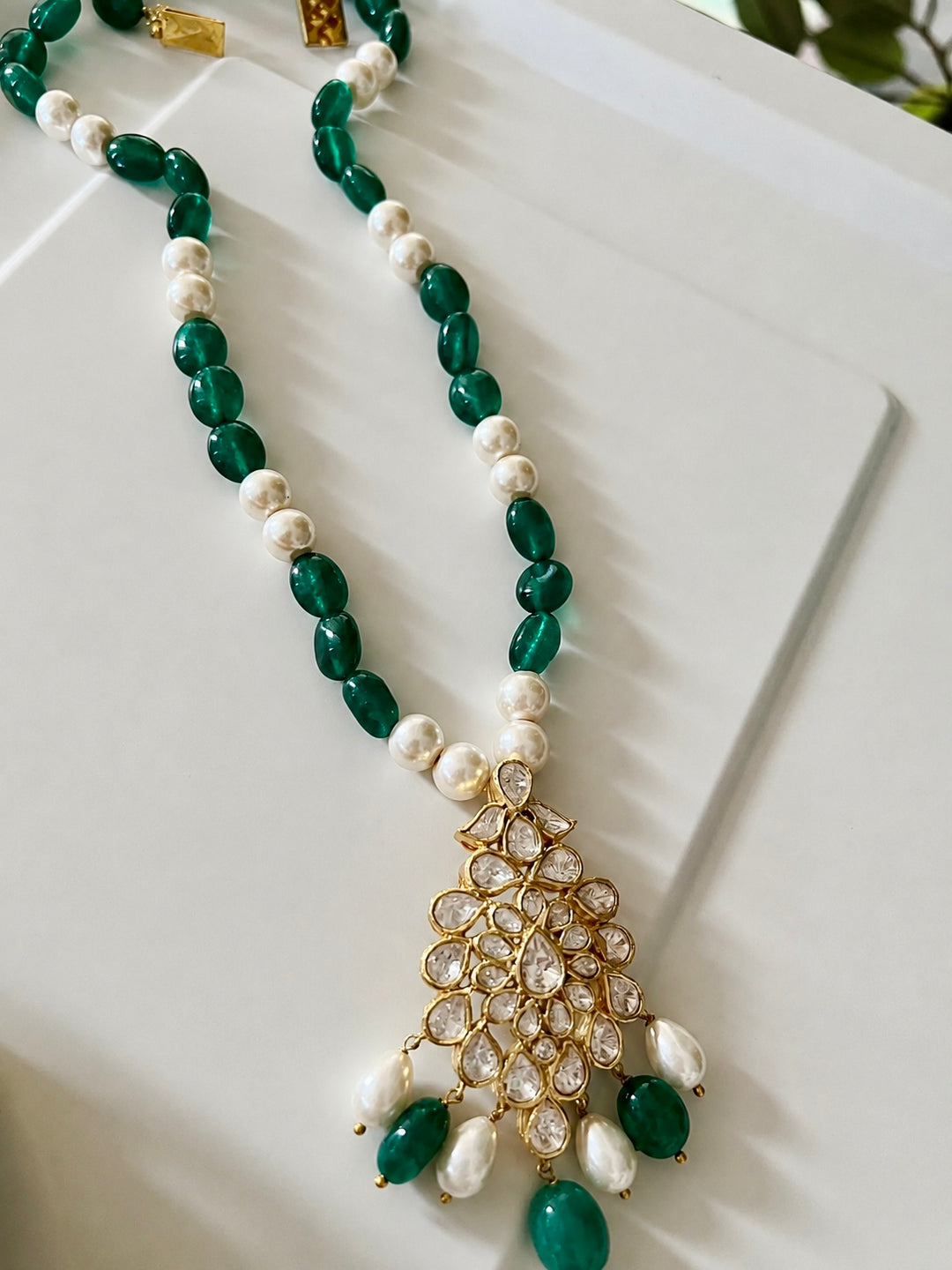 925 Silver Moissanite Polki Pendant Necklace Set, 22k Gold Plated Green Onyx & Pearl Mala