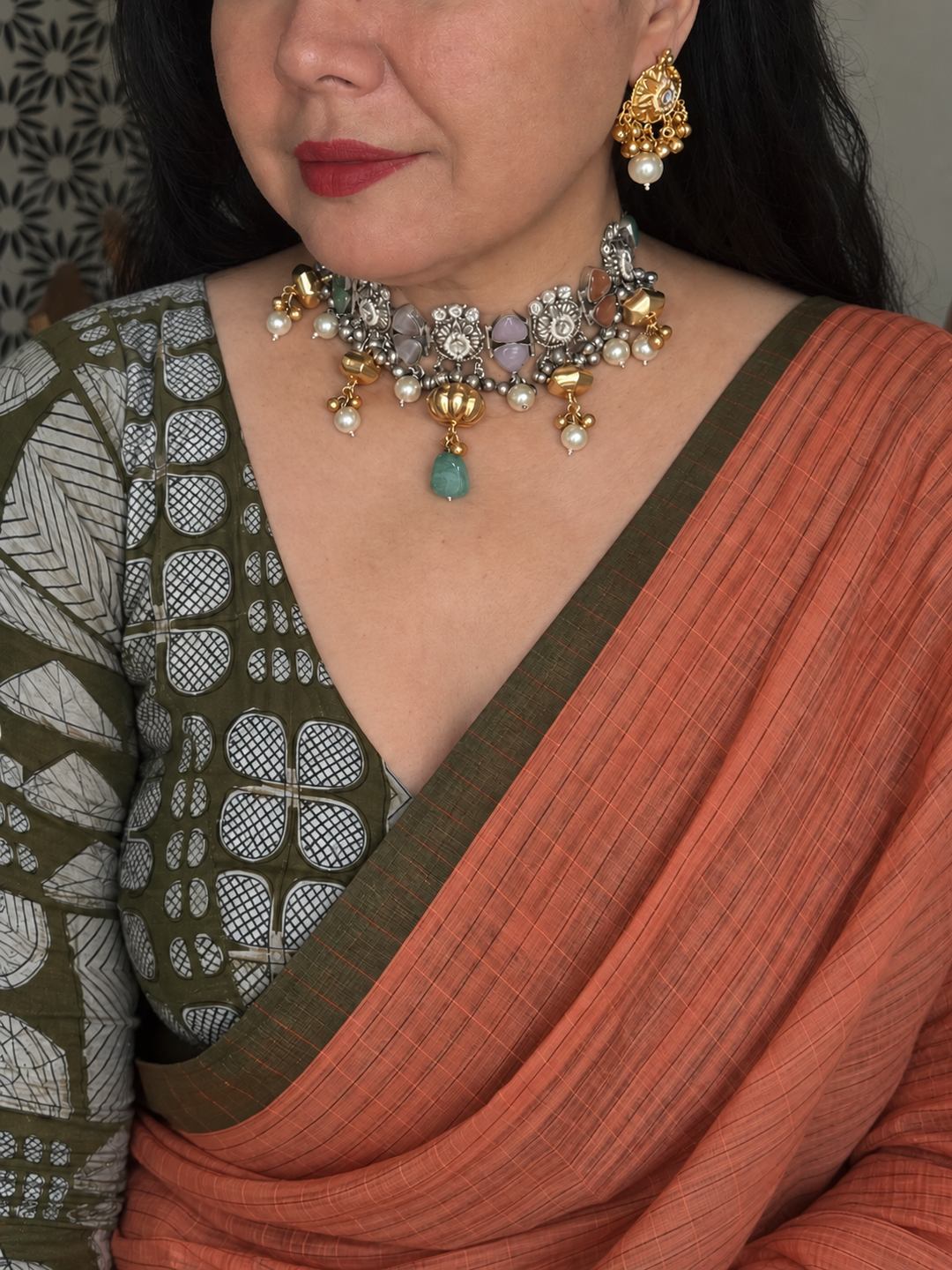The Maya Choker, Dual Tone Brass Necklace with Earrings