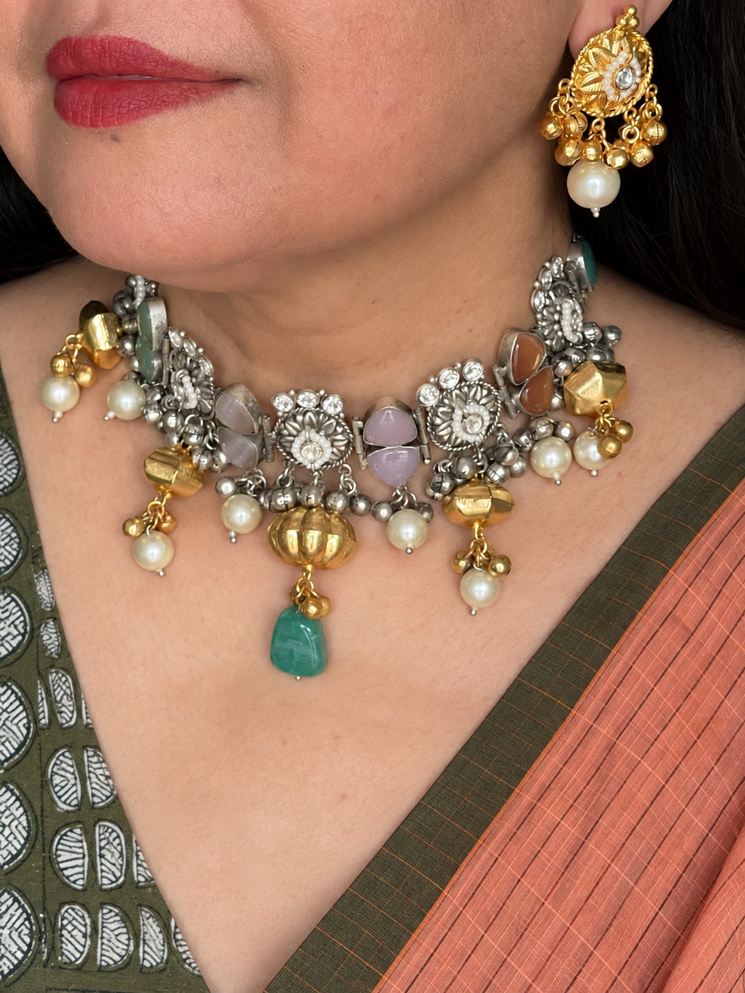 The Maya Choker, Dual Tone Brass Necklace with Earrings