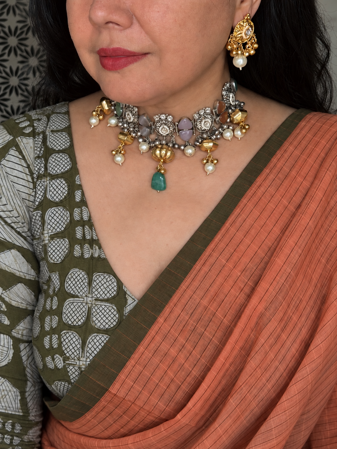 The Maya Choker, Dual Tone Brass Necklace with Earrings