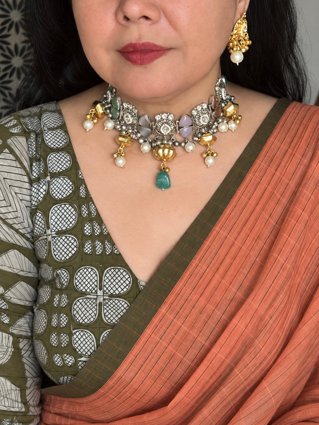 The Maya Choker, Dual Tone Brass Necklace with Earrings