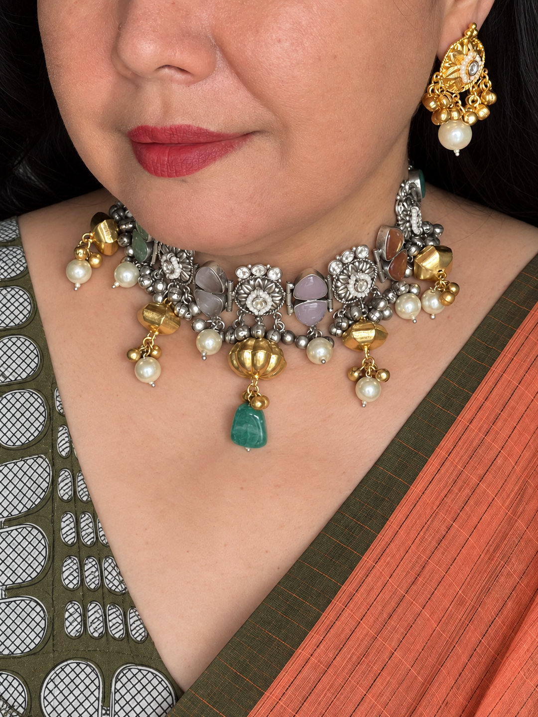 The Maya Choker, Dual Tone Brass Necklace with Earrings