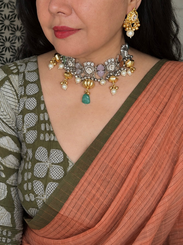The Maya Choker, Dual Tone Brass Necklace with Earrings