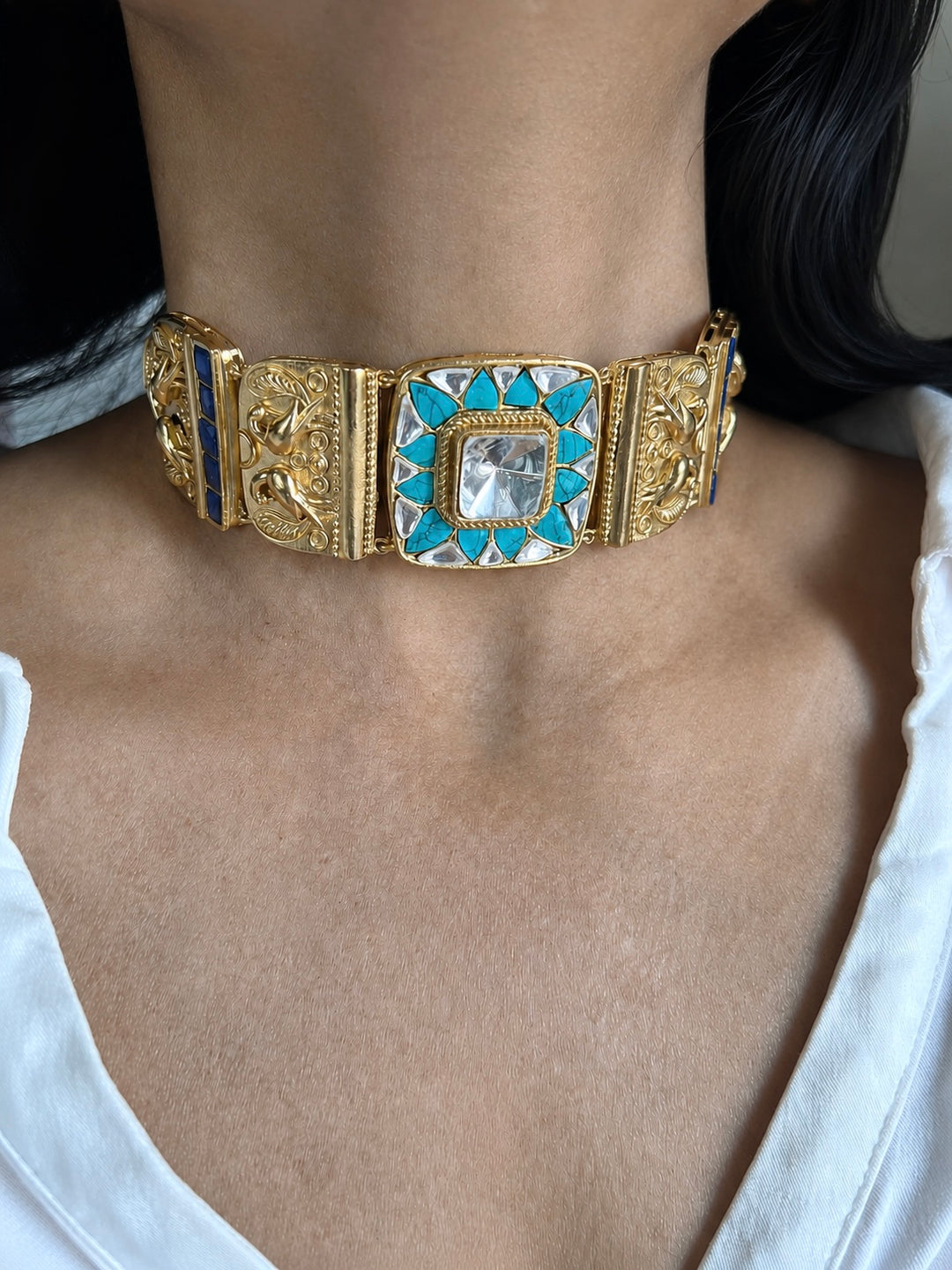 Antique Gold Plated Peacock Carved Choker with Earrings, Indian Temple Jewelry Set