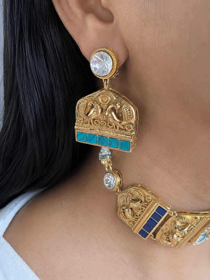 Antique Gold Plated Peacock Carved Choker with Earrings, Indian Temple Jewelry Set