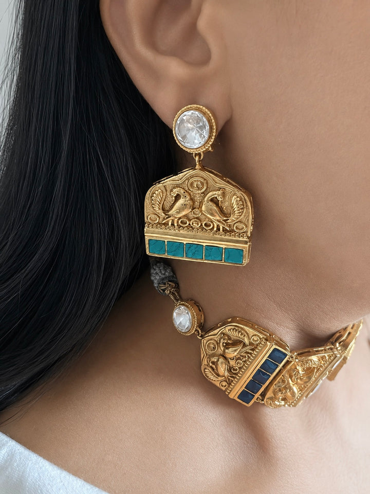 Antique Gold Plated Peacock Carved Choker with Earrings, Indian Temple Jewelry Set