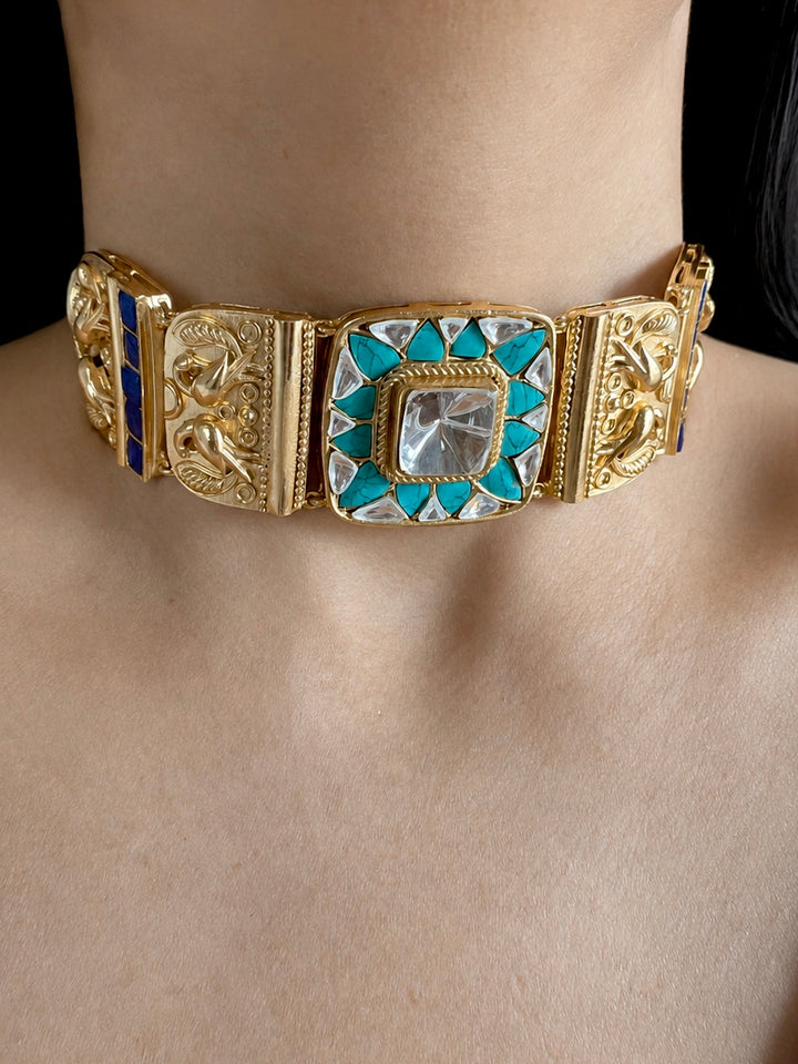 Antique Gold Plated Peacock Carved Choker with Earrings, Indian Temple Jewelry Set