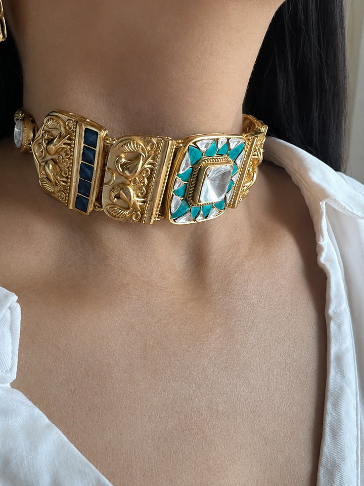 Antique Gold Plated Peacock Carved Choker with Earrings, Indian Temple Jewelry Set