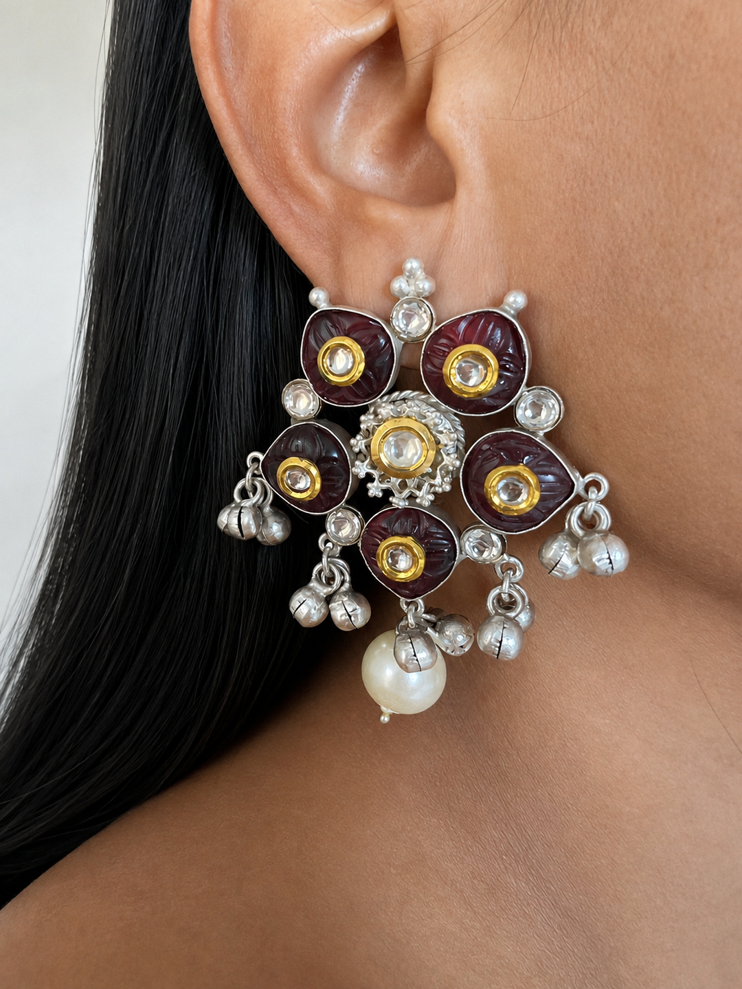 Handmade Vintage Indian Brass Earrings with Kundan, Pearls – Festive Fusion Jewellery