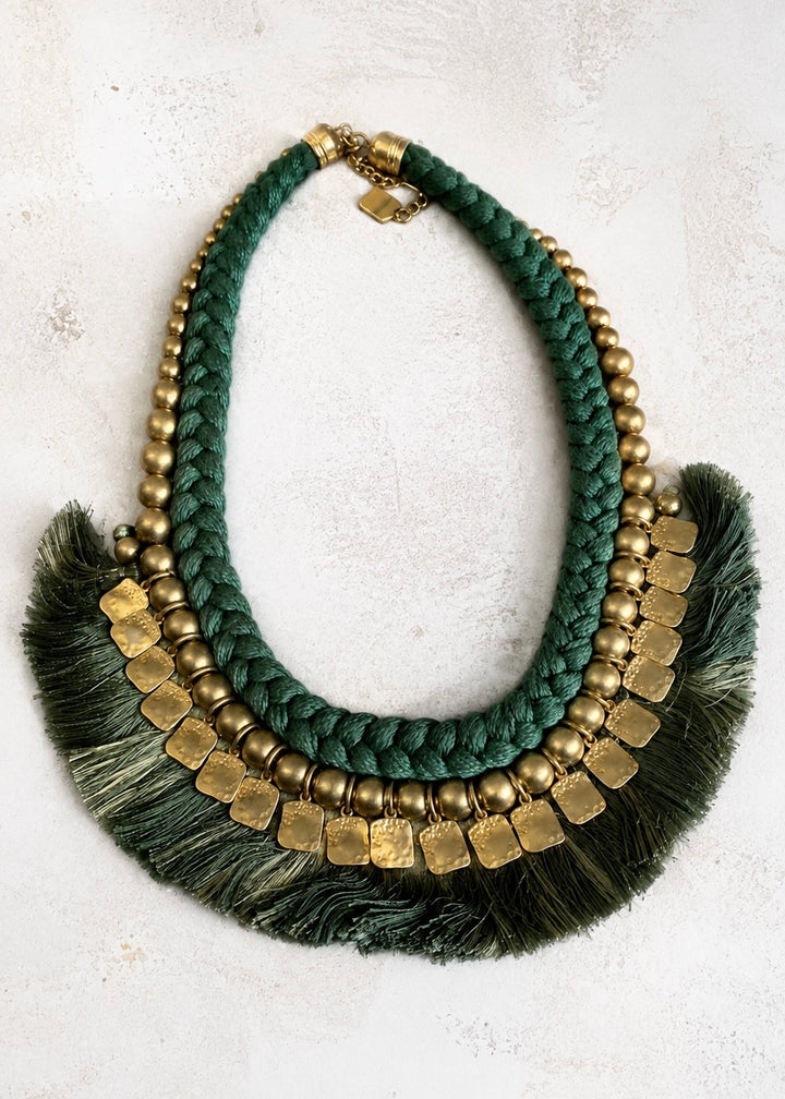 Boho Tribal Statement Necklace with Gold Beads & Green Thread Tassels