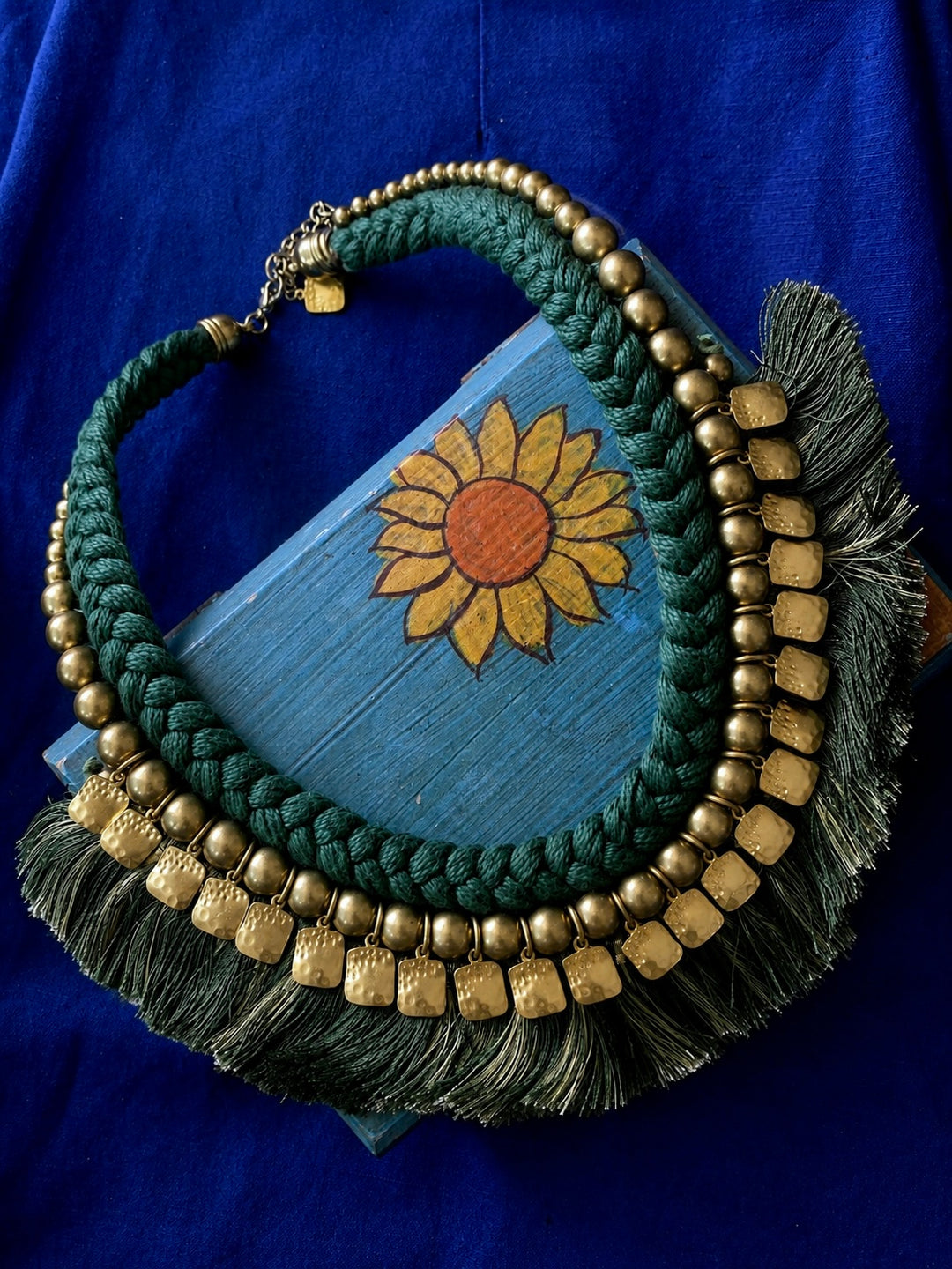 Boho Tribal Statement Necklace with Gold Beads & Green Thread Tassels
