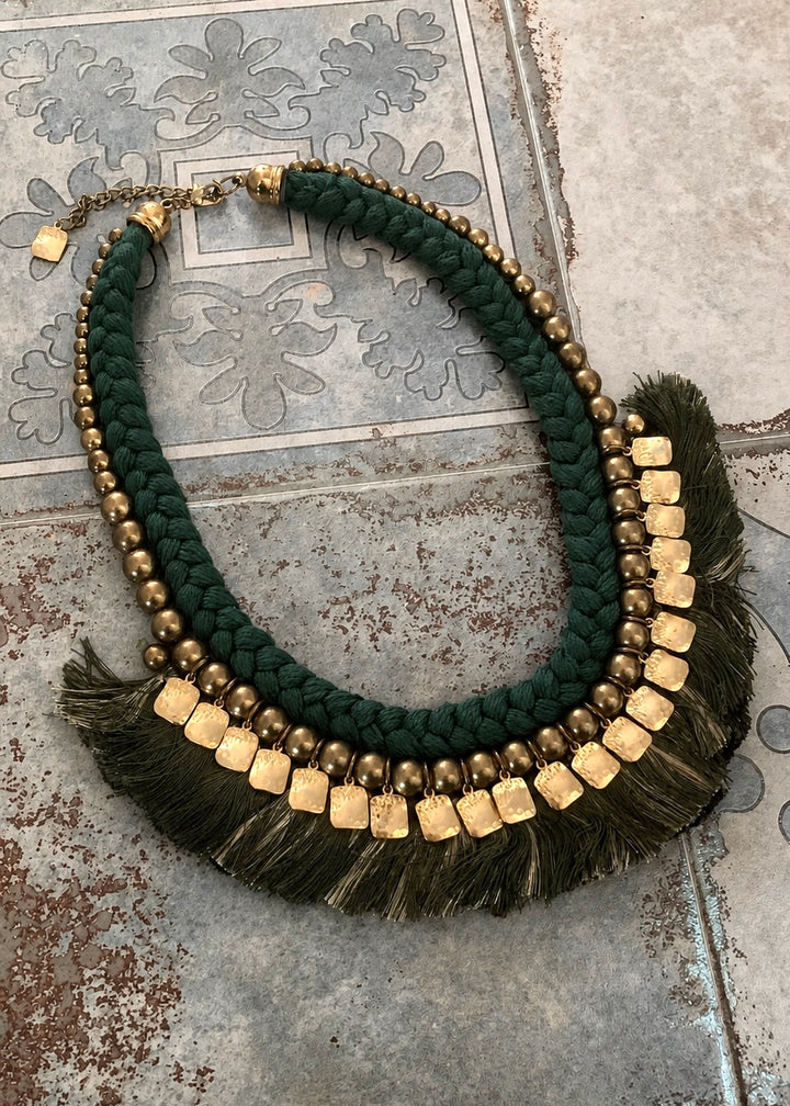 Boho Tribal Statement Necklace with Gold Beads & Green Thread Tassels
