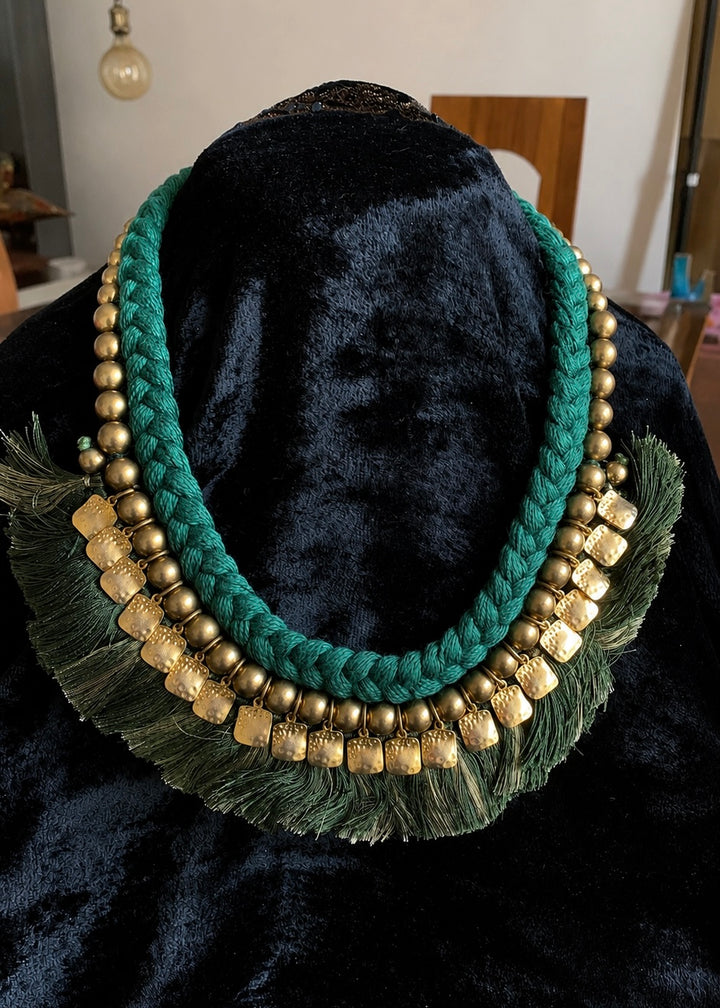 Boho Tribal Statement Necklace with Gold Beads & Green Thread Tassels