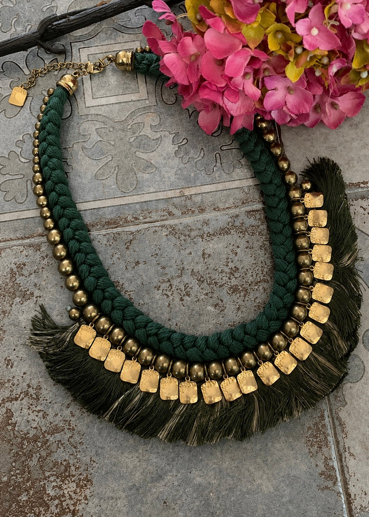 Boho Tribal Statement Necklace with Gold Beads & Green Thread Tassels