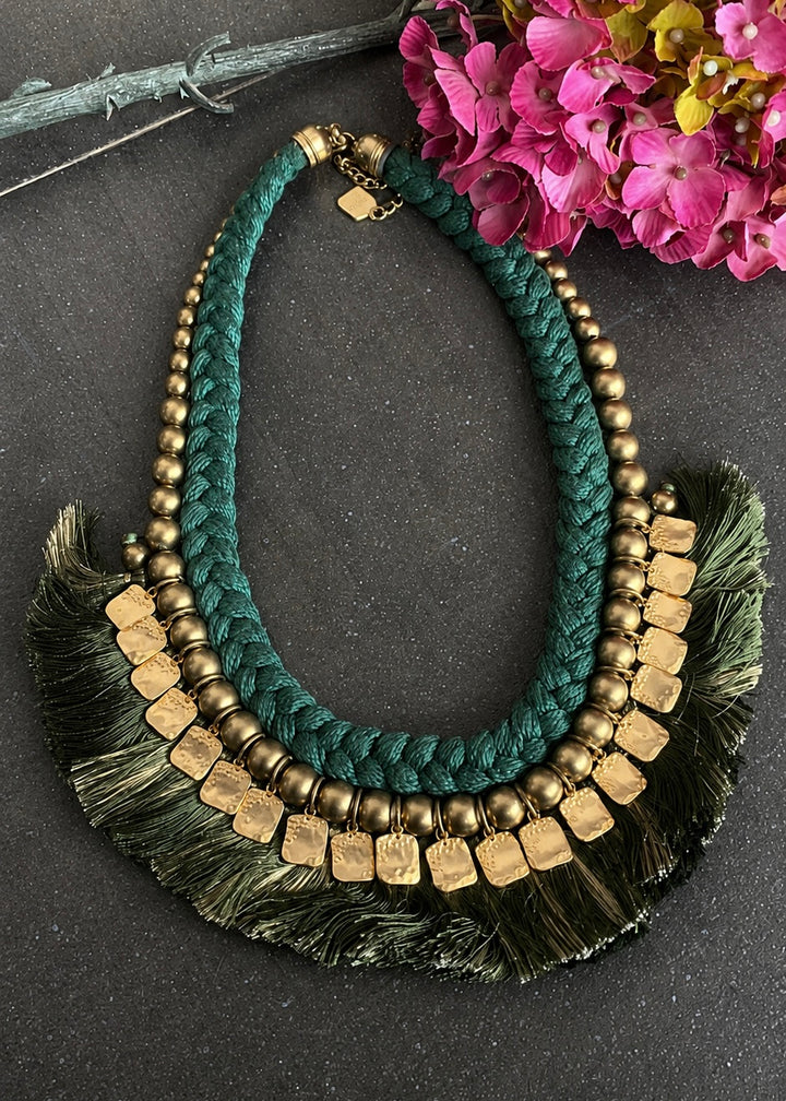 Boho Tribal Statement Necklace with Gold Beads & Green Thread Tassels