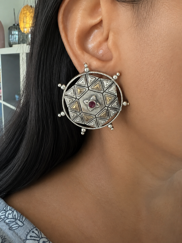Antique Dual Tone Brass Stud Earrings | Bold Statement Studs | SHIVKA