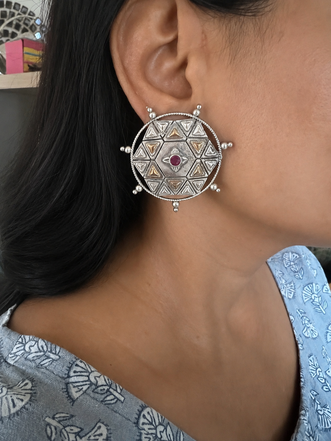 Antique Dual Tone Brass Stud Earrings | Bold Statement Studs | SHIVKA