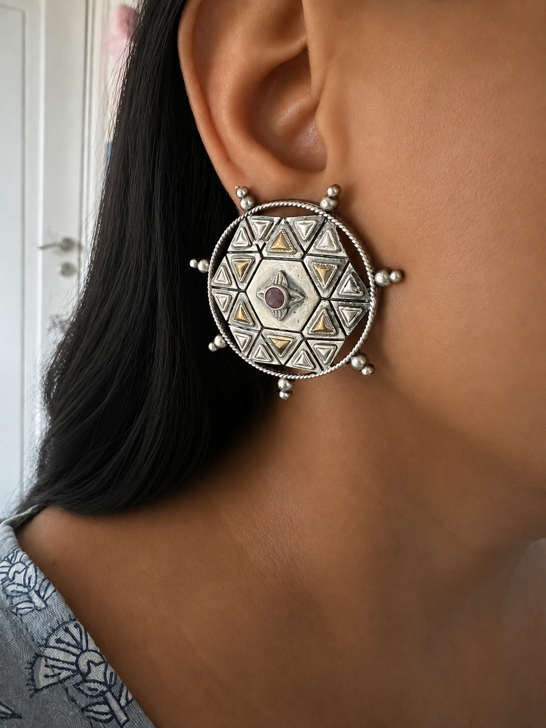 Antique Dual Tone Brass Stud Earrings | Bold Statement Studs | SHIVKA