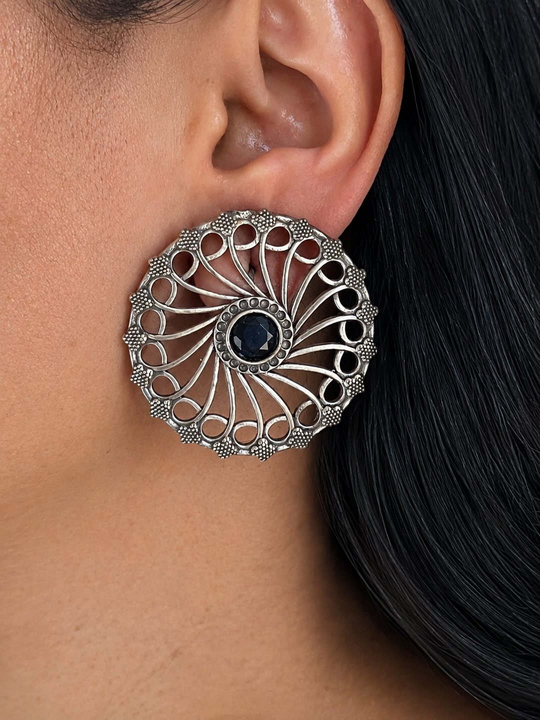 Antique Silver Mandala Stud Earrings, Large Black Stone Round Filigree Tops
