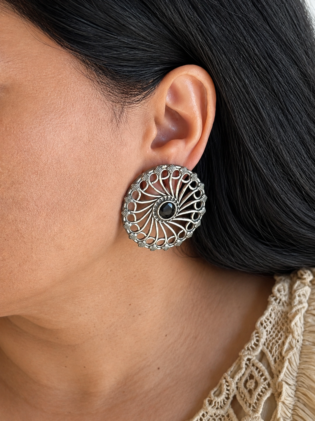 Antique Silver Mandala Stud Earrings, Large Black Stone Round Filigree Tops