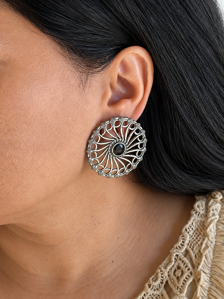 Antique Silver Mandala Stud Earrings, Large Black Stone Round Filigree Tops